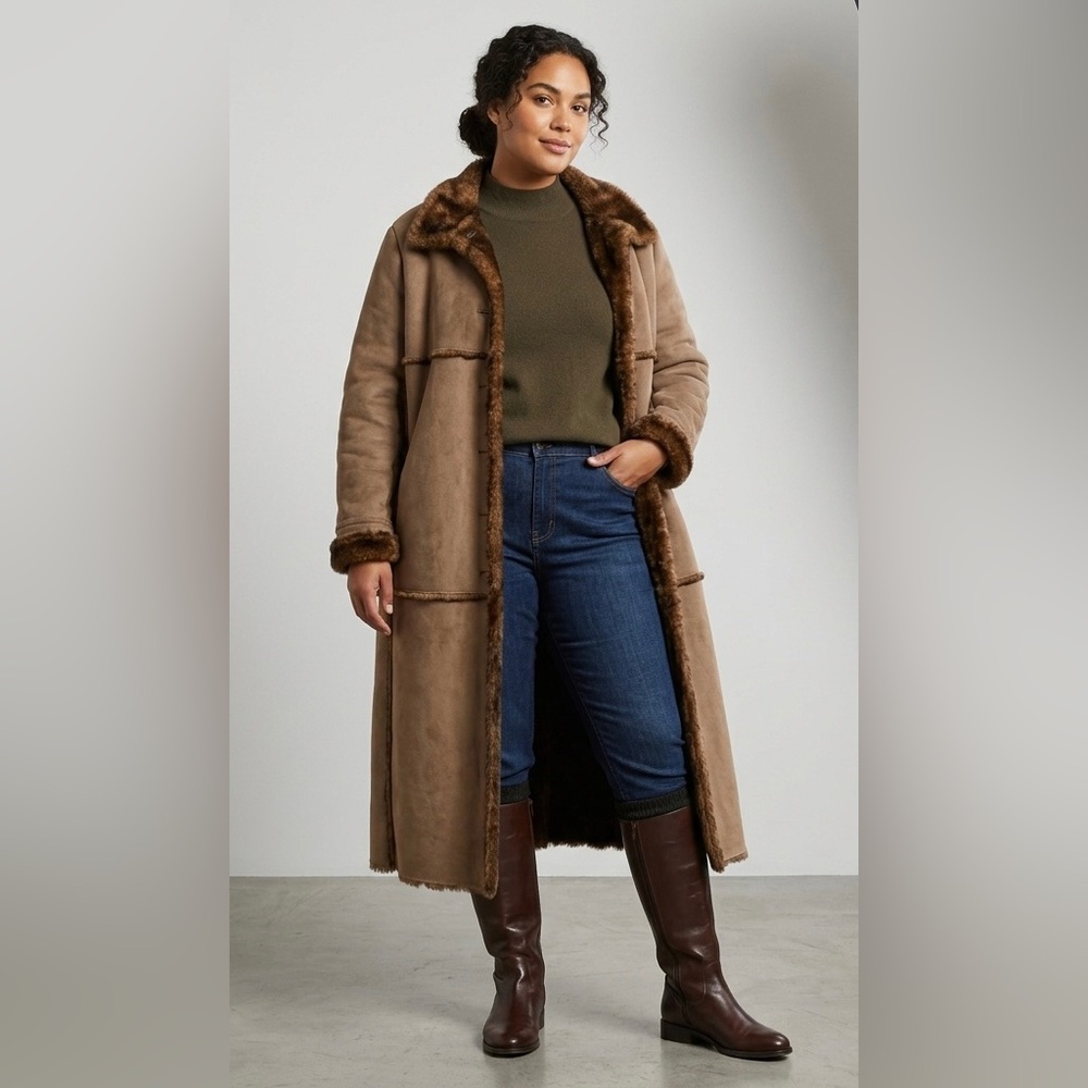 Jones New York Penny Lane Faux Suede‎ Fur Lined Sherpa Trench Maxi Coat Size 2X